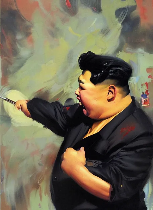 Prompt: kim jong un screaming, fat face, painting by phil hale, fransico goya,'action lines '!!!, graphic style, visible brushstrokes, motion blur, blurry, visible paint texture, crisp hd image