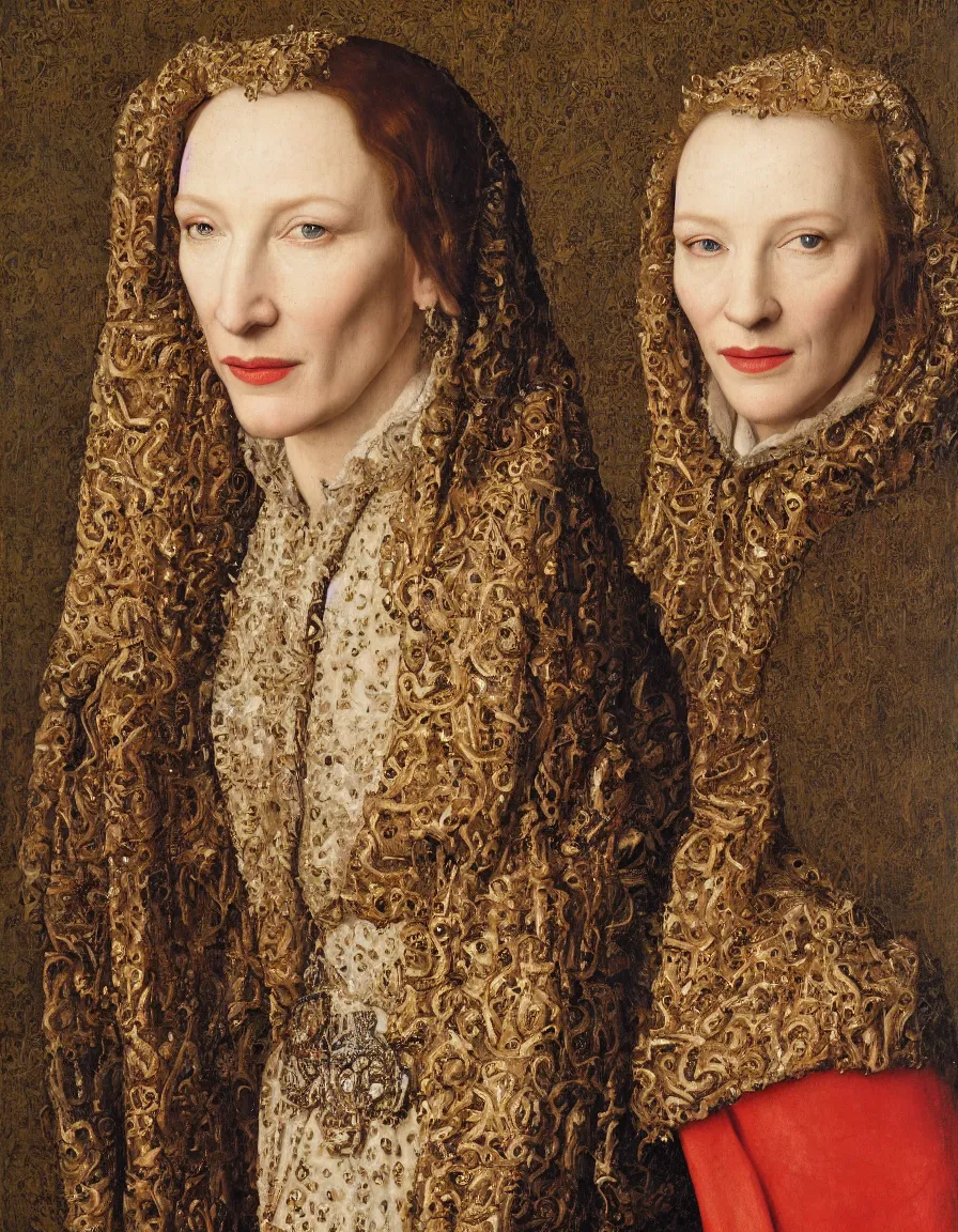 Prompt: portrait of cate blanchett, oil painting by jan van eyck, northern renaissance art, oil on canvas, wet - on - wet technique, realistic, expressive, detailed textures, illusionistic detail