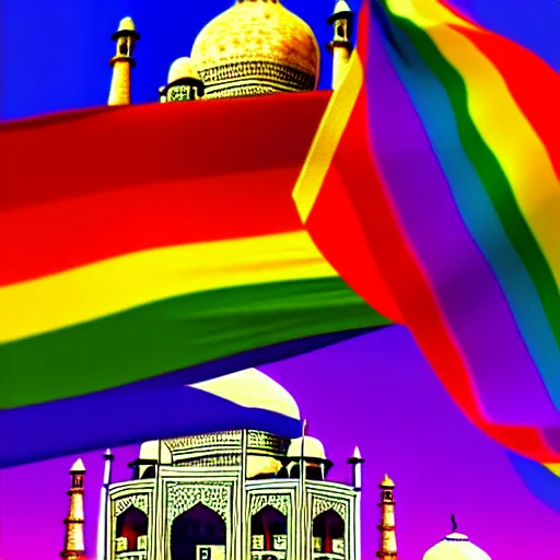 Prompt: taj mahal in gay pride colours with gay pride parade, highly detailed, hyperrealistic, digital art, trending on artstation, depth of field, vibrant colours