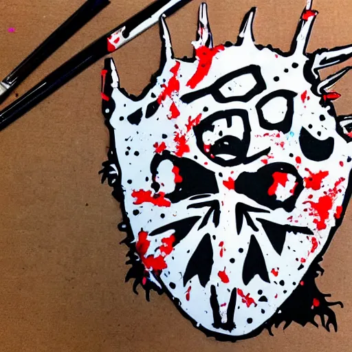 Image similar to die cut sticker, princess mononoke mask, splatter paint