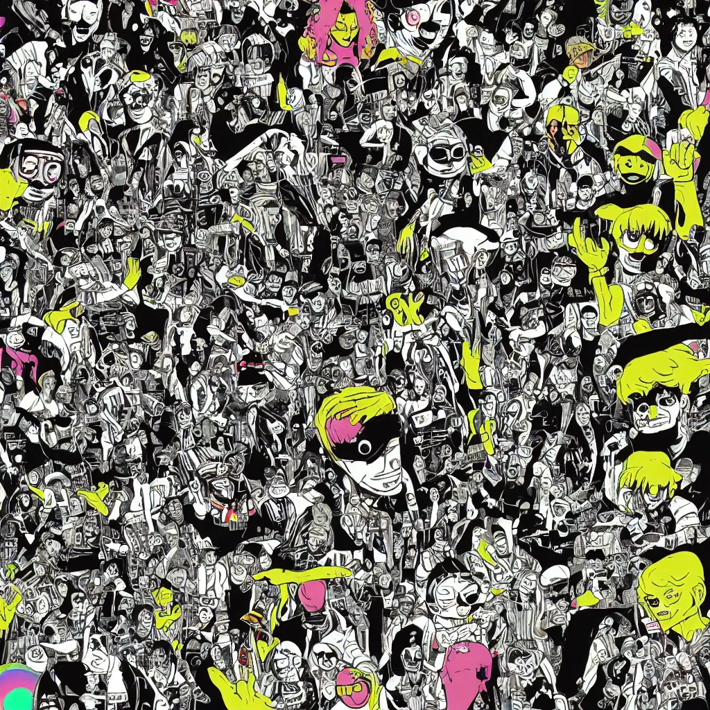 Image similar to faceless human figures, kazuo umezu artwork, jet set radio artwork, stripes, tense, space, cel - shaded art style, broken rainbow, ominous, minimal, cybernetic, cowl, dots, stipples, thumbprint, dark, eerie, motherboards, crosswalks, guts, folds, tearing