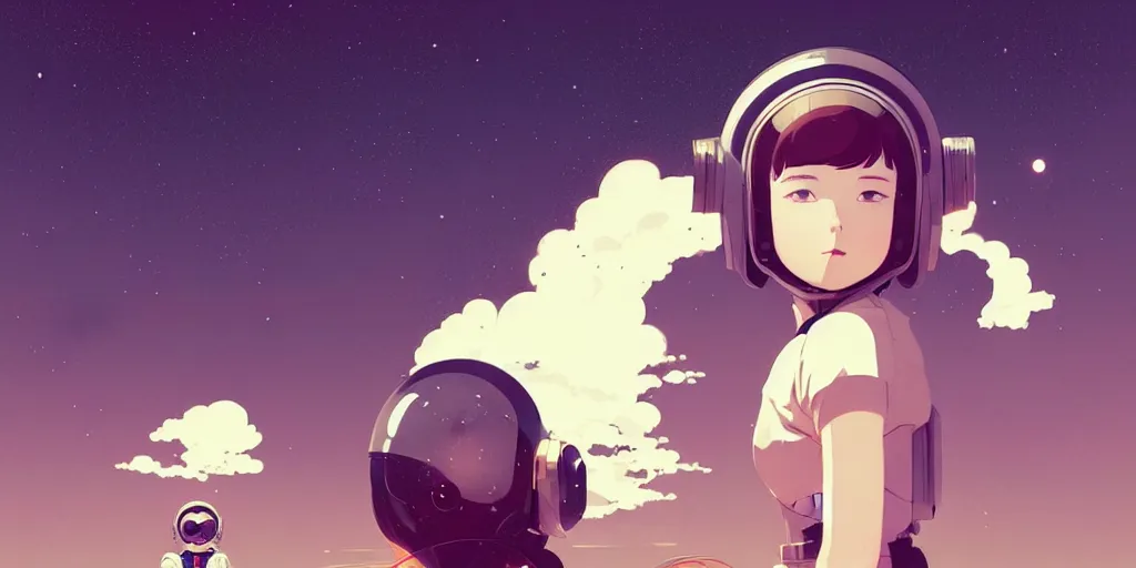 Image similar to portrait of a girl with astronaut helmets by ilya kuvshinov, cloudy sky background lush landscape ln illustration concept art anime key visual trending pixiv by victo ngai fanbox by greg rutkowski makoto shinkai takashi takeuchi studio ghibli