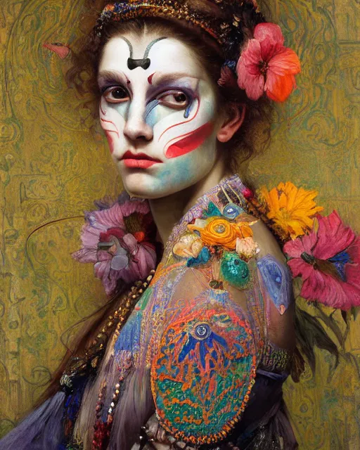 Image similar to a beautiful girl wearing colourful face paint surrounded by bright intricate patterns, by edgar maxence and caravaggio and michael whelan, intricate painting, hyper realistic, extremely detailed and beautiful aesthetic face, 8 k resolution