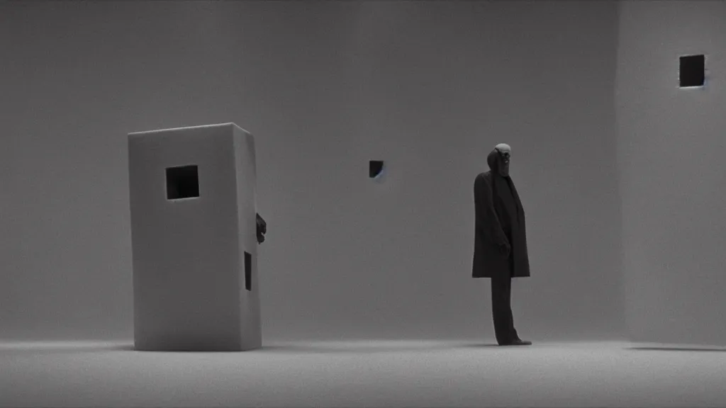 Image similar to cube man, film still from the movie directed by denis villeneuve and david cronenberg with art direction by salvador dali and zdzisław beksinski, wide lens