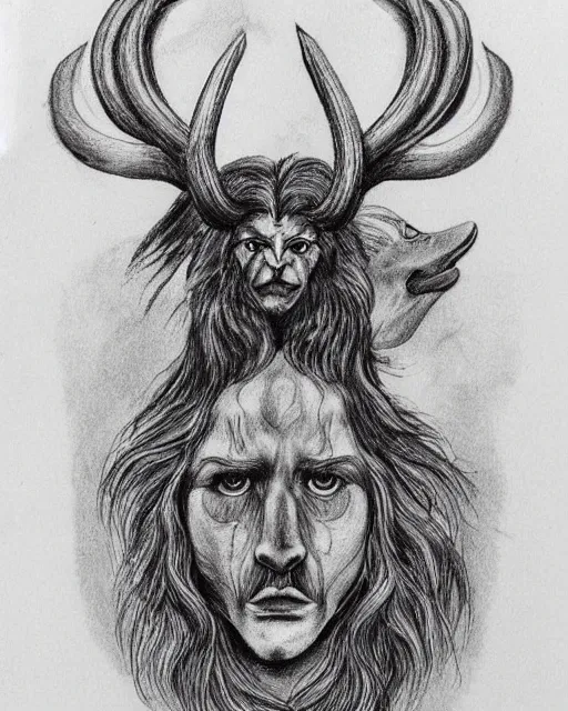 Image similar to human / eagle / lion / ox hybrid with two horns, one beak, mane and human body. drawn