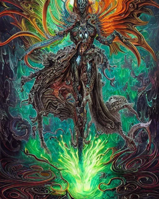 Prompt: silver mechanical charred bloody fleshmetal cyborg daemonhost woman psychedelic flamer of tzeentch with weaponized extra arms, blue and green rainbow fire, by antonio j. manzanedo, alex grey, android jones, wayne barlowe, philippe druillet, josephine wall, harumi hironaka, cronenburg, trending on artstation