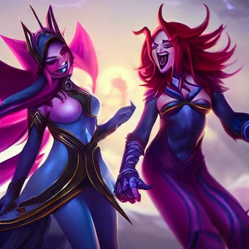 Image similar to league of legends, best friends, kai'sa and xayah, beautiful, laughing, photorealism