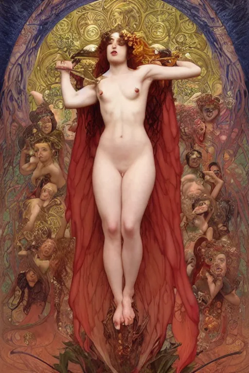 Prompt: masterpiece painting of ephemeral immortal succubus girl by donato giancola, darius zawadzki and tom bagshaw, face by artgerm and edmund leighton, alphonse mucha, background by james jean and gustav klimt, 8 k, otherworldly horror, crimson color palette, volumetric lighting, porcelain skin, french nouveau, trending on pixiv