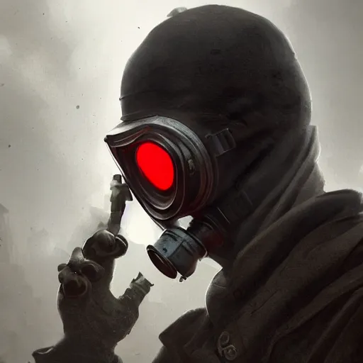 Image similar to hooden villain wearing a gas mask with red goggles, smoke coming out of his body, dark background, unreal engine 5, ultra realistic, detailed, 4k, fog, by greg rutkowski