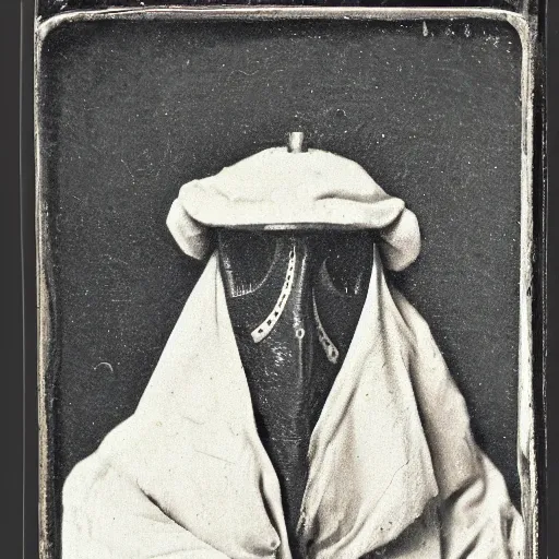 Image similar to A Mesopotamian plague doctor, ambrotype