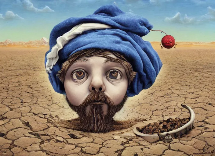 Image similar to a discarded half - buried garden gnome in a vast barren desert, an ultrafine detailed painting by mark ryden, trending on deviantart, pop surrealism, whimsical, lowbrow, perfect symmetrical face