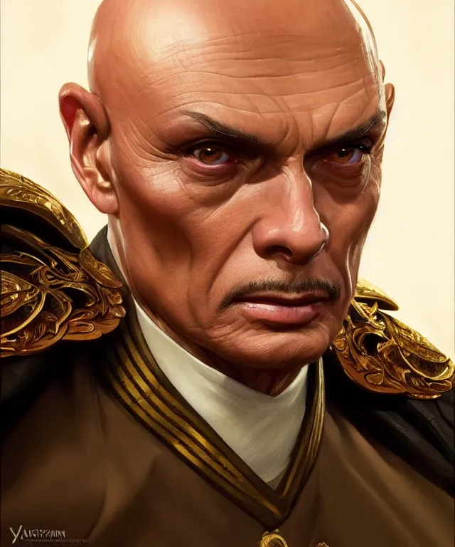 Prompt: Yul Brynner as a very angry bald general, portrait, intricate, elegant, highly detailed, digital painting, artstation, concept art, smooth, sharp focus, illustration, art by artgerm and greg rutkowski and alphonse mucha