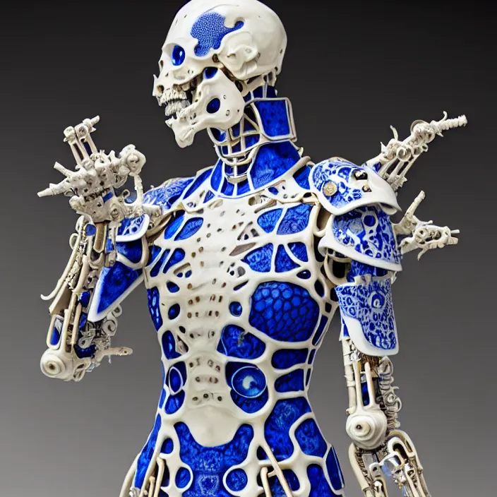 Image similar to bone cyborg armor, chinese blue and white porcelain 1 4 th century, diffuse lighting, fantasy, intricate, elegant, highly detailed, lifelike, photorealistic, digital painting, artstation, illustration, concept art, smooth, sharp focus, art by john collier and albert aublet and krenz cushart and artem demura and alphonse mucha