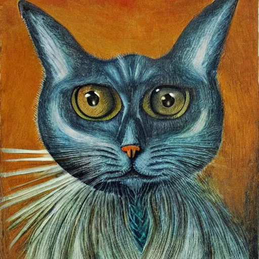 Image similar to very detailed and attractive portrait of a schizophrenic cat, painted by max ernst