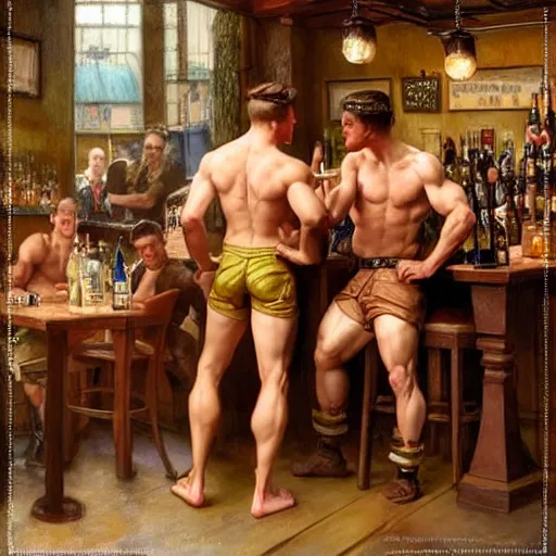 Prompt: attractive muscular male with brunet hair and attractive muscular male with blond hair. pants and shorts, drinking their hearts out, in a pub. highly detailed and very defined painting by j. c. leyendecker, gaston bussiere, craig mullins 8 k