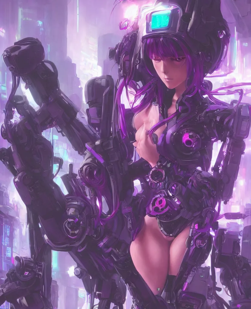Image similar to A beautiful painting of a cyberpunk anime girl with purple hair and an a huge robot arm sensual stare, Trending on artstation. augmentations and cybernetic enhancements neon circuits, greg rutkowski artstation, hyperrealist, cinema4D, 8k highly detailed ❤️‍🔥 🔥 💀 🤖 🚀