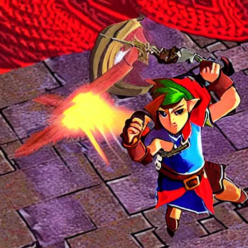 Image similar to “ a still link fighting the boss of the existential dungeon in ocarina of time ”