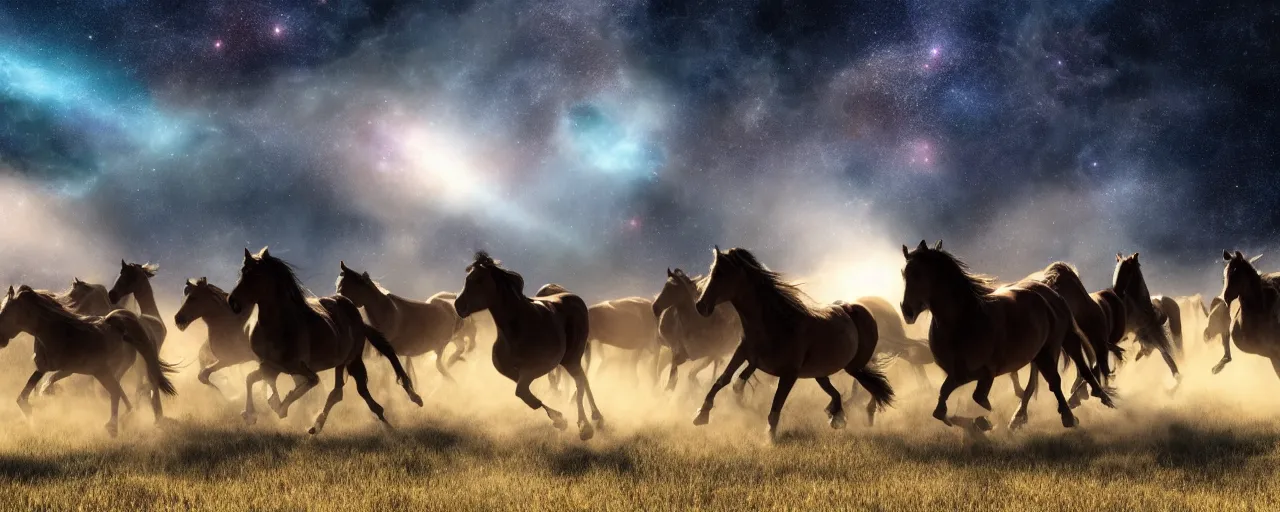 Prompt: hundreds of stampeding wild horses running through a galaxy, volumetric lighting,