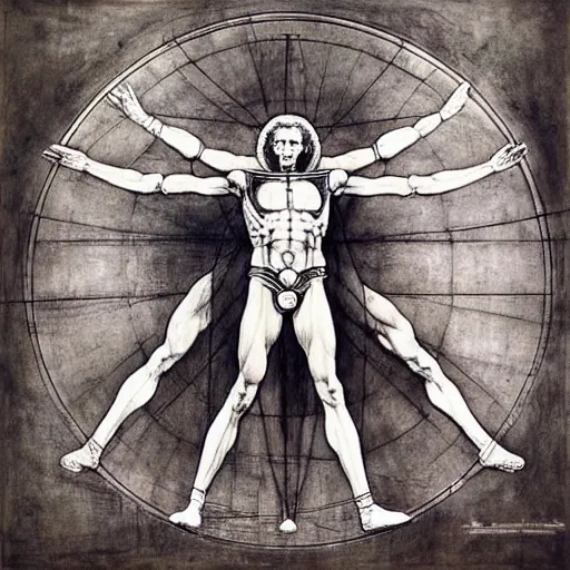 Prompt: super sentai vitruvian man by leonardo da vinci and james jean, renaissance