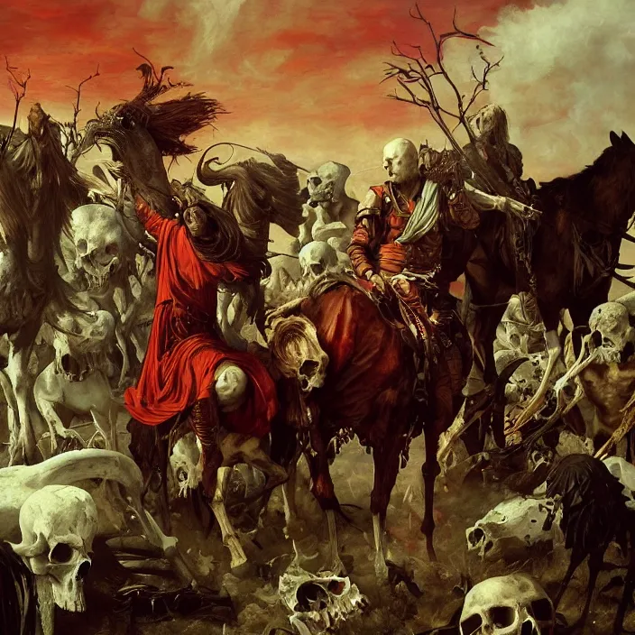 Image similar to horsemen of the apocalypse, bones, skulls, smoke, a flock of crows, snakes, smoke, flames, full-length, oil painting in a renaissance style , very detailed, red background, painted by Caravaggio, Greg rutkowski, Sachin Teng, Thomas Kindkade, Alphonse Mucha, Norman Rockwell, Tom Bagshaw.