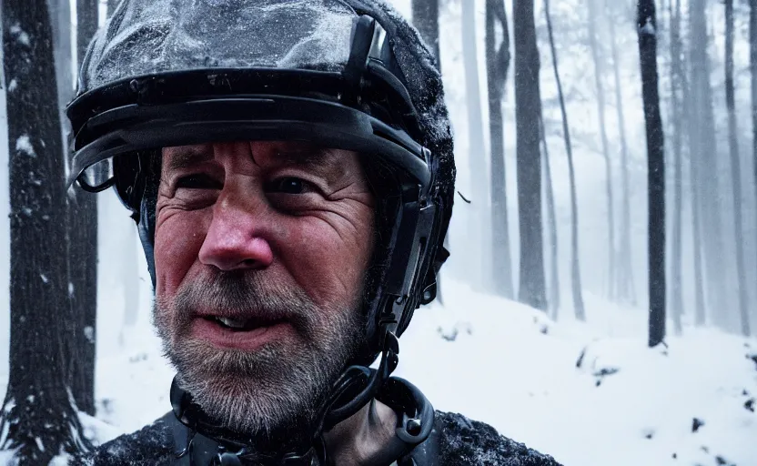 Image similar to cinestill 5 0 d candid photographic portrait by steven spielberg of joe biden wearing rugged black mesh techwear on a dirtbike through a deep forest, extreme closeup, modern cyberpunk moody emotional cinematic, snow storm, 8 k, hd, high resolution, 3 5 mm, f / 3 2, ultra realistic faces, ex machina