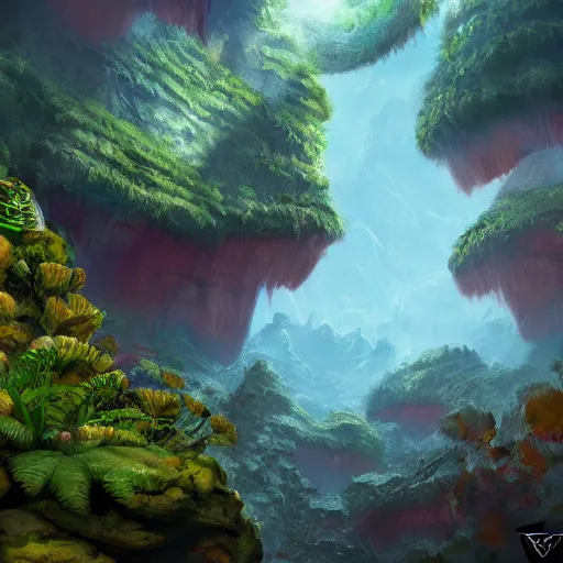 Image similar to Canyon in the jungle with corals and dinosaur dkeletons, 8k, detailed, concept art, trending on artstation