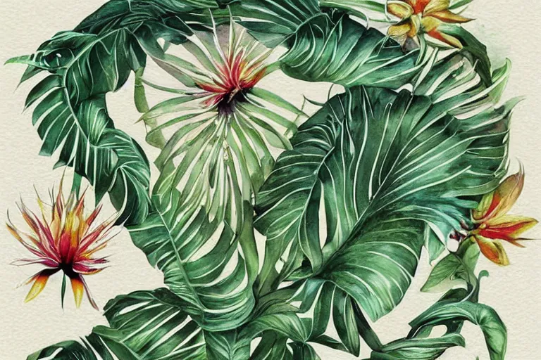 Prompt: watercolor artwork of exotic, elegant tropical prints : : green, art nouveau, trending on artstation