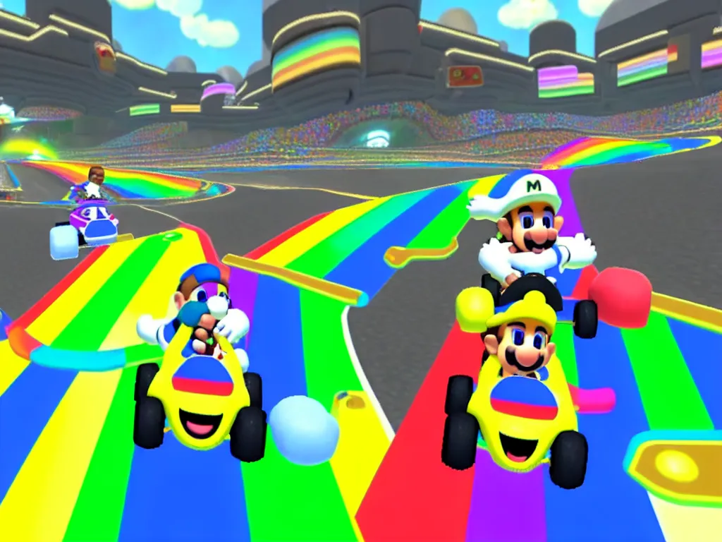 Image similar to kanye west on rainbow road mario kart 8 map