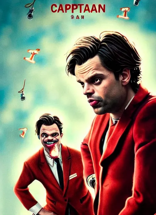Prompt: highly detailed comedy caper movie poster with zany silly wacky sebastian stan as a sentient flan by greg rutkowski, masterpiece, 1 0 / 1 0