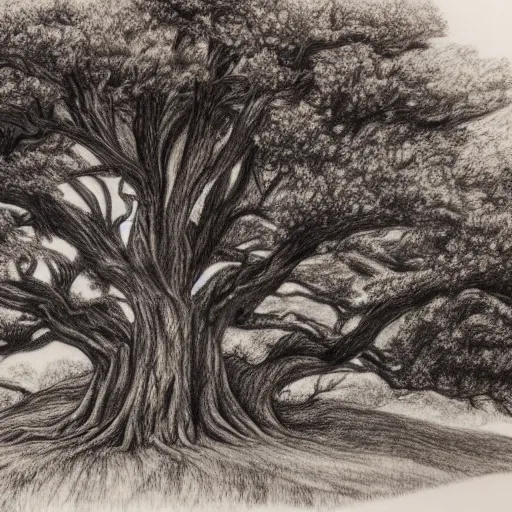 Image similar to oak tree on a hill, pencil drawing, detailed, landscape view