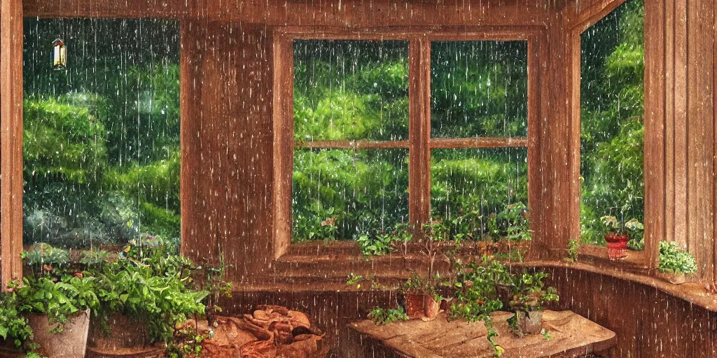 Image similar to rain drops on a window pane, cozy garden in background,, high detail, full length, Realistic, Regal, Refined, Detailed Digital Art, Exquisite detail, post-processing, masterpiece, Cinematic Lighting