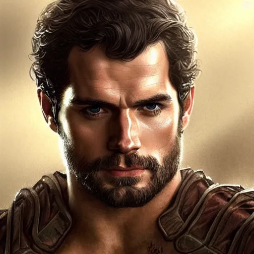 Image similar to Henry Cavill is a rugged ranger, D&D, muscular, fantasy, intricate, elegant, highly detailed, digital painting, artstation, concept art, smooth, sharp focus, illustration, art by artgerm and greg rutkowski and alphonse mucha