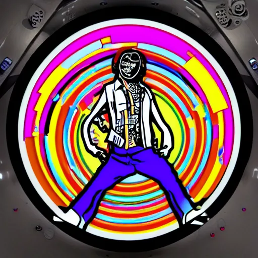 Image similar to svg sticker of a Dancing-Alex-Grey-Psychedelic-Rave-Man, at a rave, spinning records, giant headphones rocking out, wearing headphones, huge speakers, dancing, rave, DJ, spinning records, digital art, amazing composition, rule-of-thirds, award-winning, trending on artstation, featured on deviantart