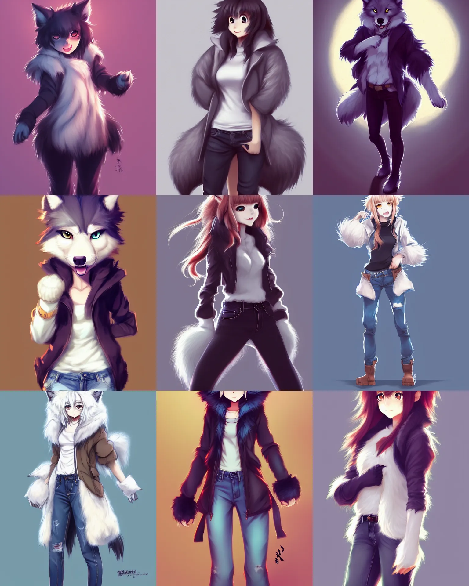 Prompt: fullbody portrait of anthropomorphic half - wolf fluffy cute anime character with paws wearing jeans and coat, concept art, anime art, by a - 1 picture, trending on artstation artgerm, ross tran, wlop, marc davis, furaffinity