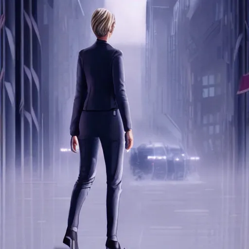 Prompt: House of cards actress Claire Underwood in a cyberpunk suit, walking alone in an empty futuristic city road, artstation, digital art, trending, 8k