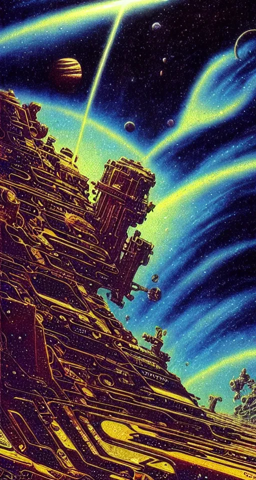Prompt: a cosmic storm in space, close up, concept art, intricate details, highly detailed, vintage sci - fi poster, in the style of chris foss, rodger dean, moebius, michael whelan, and gustave dore