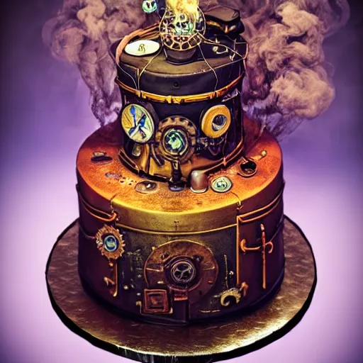 Image similar to a beautiful detailed 3 d matte portrait of a steam punk birthday cake, ominous, magical realism, texture, intricate, whirling smoke radiant colors, fantasy, volumetric lighting, high details