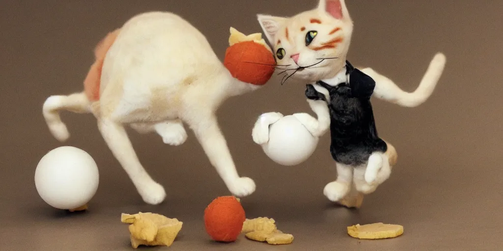 Prompt: a cat playing the fiddle while dancing on its hind legs on top of a round ball of Swiss cheese, in the style of claymation