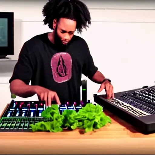 Image similar to film still of bipedal fresh produce making beats on an mpc