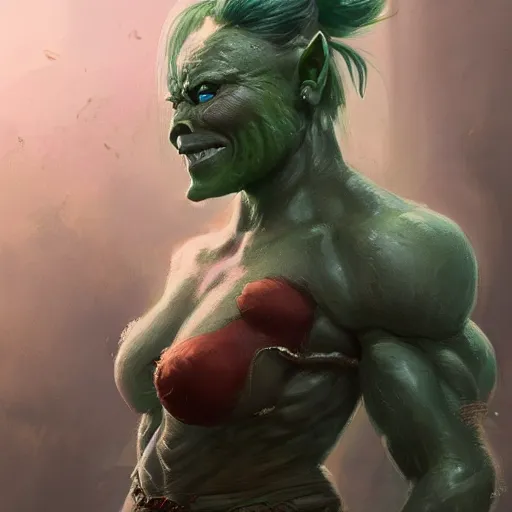 Prompt: a full character portrait of a toned physique green orc woman with a ponytail in full plate armor, by greg rutkowski, wlop, trending on artstation