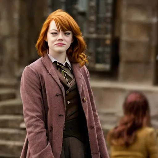 Prompt: emma stone as Hermione Grainger a still shot from harry Potter movie 2