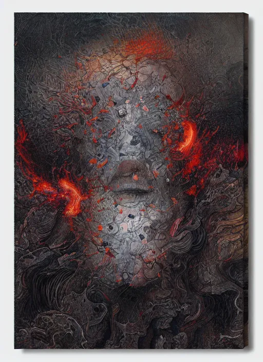 Image similar to a smooth grey cube being devoured by extremely detailed splatters of abstract paint, engulfed in flames in the style of james jean, pascal blanche, surreal, beksinski, high detailed