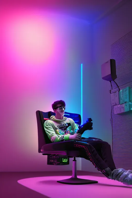 Image similar to a young male gamer sitting in gaming chair wearing a hoodie + neon rgb light strips, large computer monitor, space themed walls, cute bernedoodle puppy sitting at his feet, 4 k, award winning, octane render, volumetric lighting