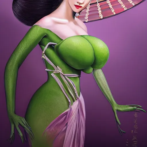 Image similar to organic seductive Geisha Kermit the Frog from Sesame Street, pearlescent skin, diffuse lighting, fantasy, intricate, elegant pose, highly detailed, lifelike, photorealistic, digital painting, artstation, illustration, concept art, different full body view, smooth, sharp focus, art by John Collier and Albert Aublet and Leonardo da vinci and Krenz Cushart and Artem Demura and Alphonse Mucha