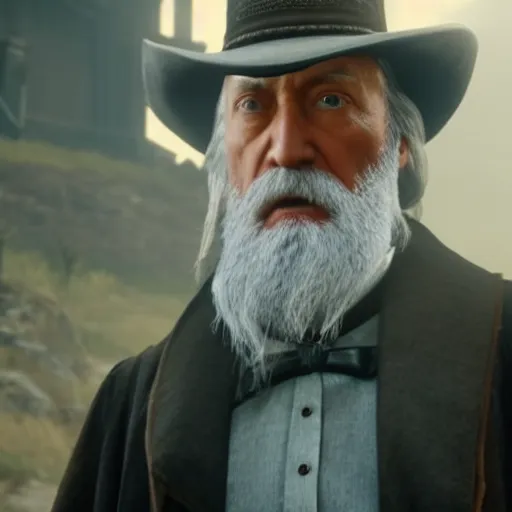 Prompt: Film still of Professor Dumbledore, from Red Dead Redemption 2 (2018 video game)