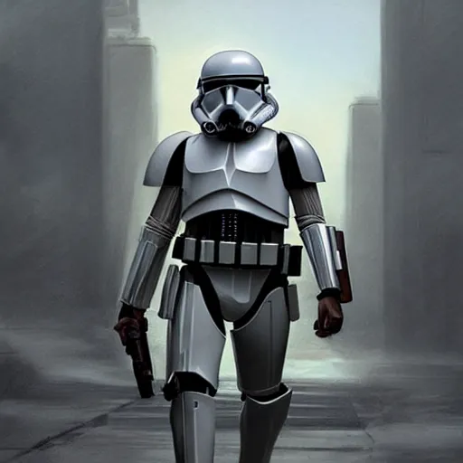 Image similar to an extremely long shot of an imperial stormtrooper walking concept art by Doug Chiang cinematic, realistic painting, high definition, very detailed, extremely high detail, photo realistic, symmetrical, concept art, the Mandalorian concept art style