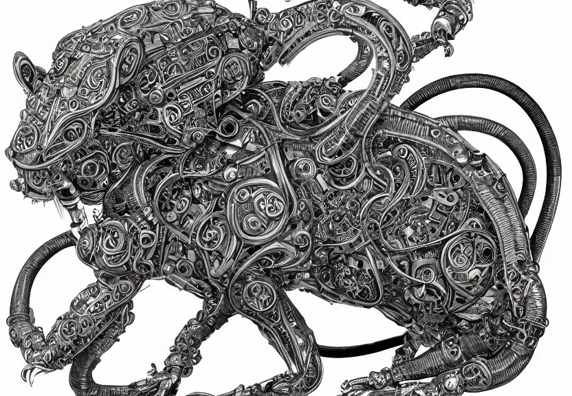 Image similar to spacious highly detailed ornate filigreed convoluted ornamented elaborate cybernetic rat standing in a white void, full body, character design