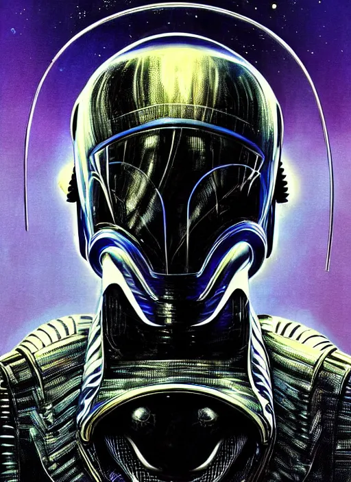 Image similar to handsome black man, cyber suit, character portrait, portrait, close up, concept art, intricate details, highly detailed, vintage sci - fi poster, retro future, vintage sci - fi art, in the style of chris foss, rodger dean, moebius, michael whelan, katsuhiro otomo, and gustave dore