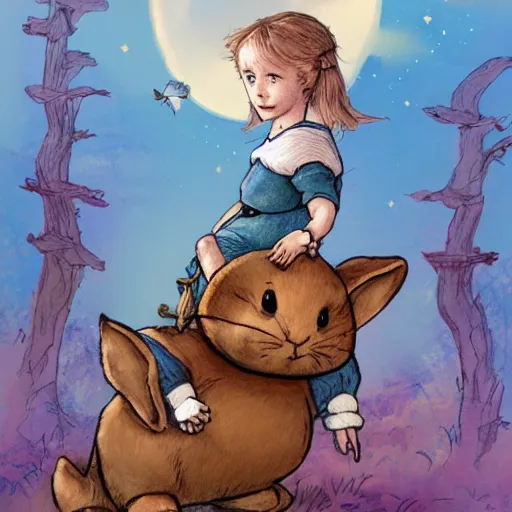 Prompt: beautiful picture of a little girl riding a giant rabbit, wonderland, land of Oz, Beatrix Potter, trending on Artstation