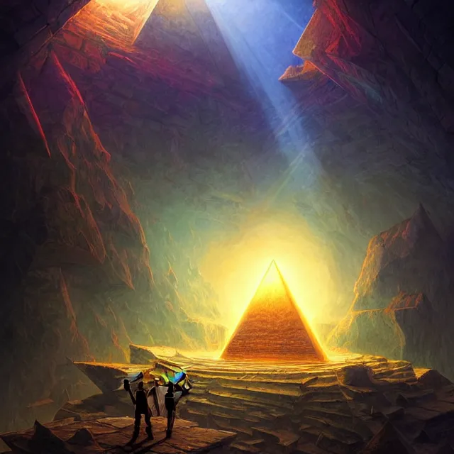 Image similar to the illuminati eye opening up from inside a pyramid, a fantasy magical landscape seen in the distance, atmospheric lighting, intricate, volumetric lighting, beautiful, sharp focus, ultra detailed, in the art style of marc simonetti, bowater charlie and brom gerald, astrophotography